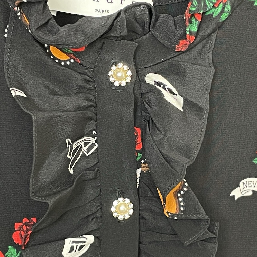 Sandro Whimsical Rock n Roll Silk Dress Size 2 Goth Ruffle Trim Pearl Buttons - Picture 5 of 11